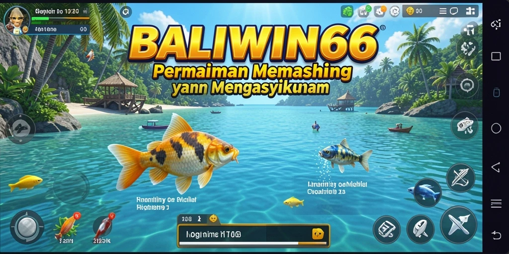 Screenshot utama BALIWIN66 menampilkan pemain yang sedang memancing di lokasi indah.