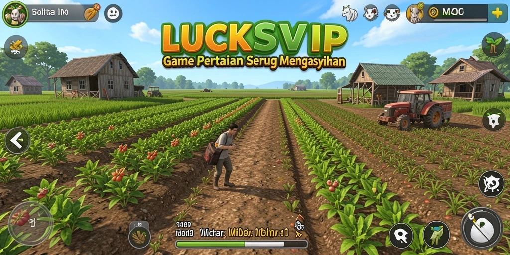 Screenshot gameplay LUCKSVIP menampilkan ladang yang subur dengan tanaman yang beragam.