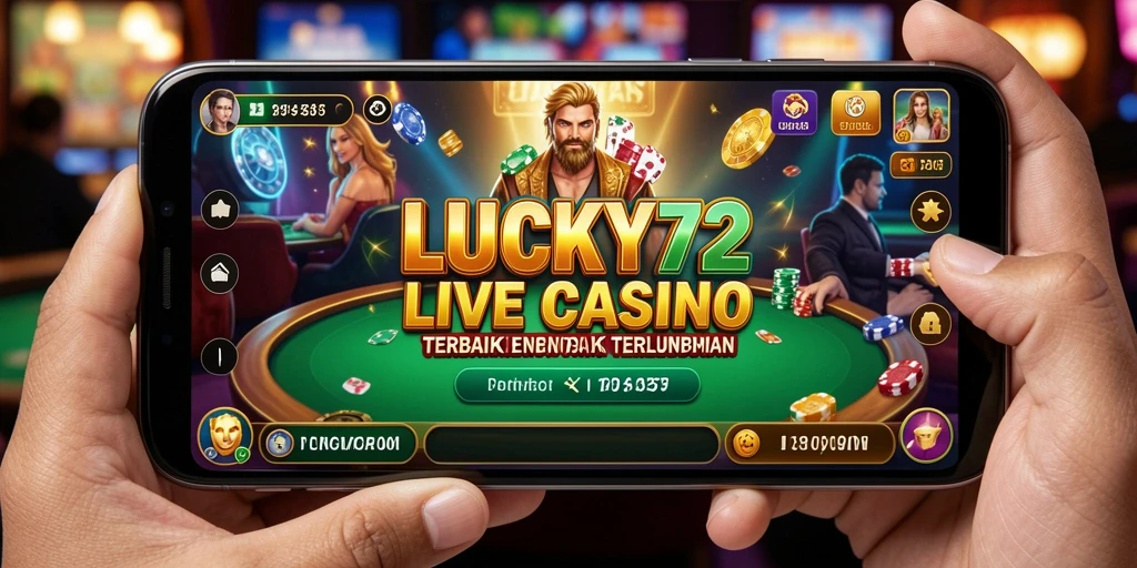 Screenshot gameplay LUCKY72 dengan dealer dan pemain interaktif dalam suasana Live Casino.