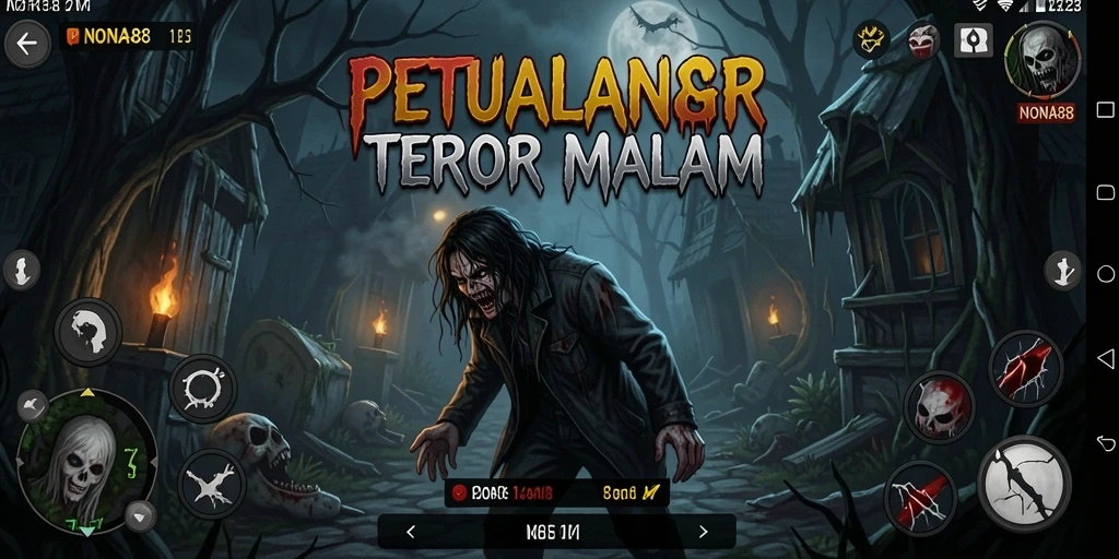 Tampilan gameplay menegangkan NONA88 dengan nuansa horor yang mendalam.